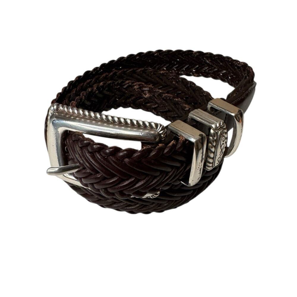Brighton 2008 Brown Braided Leather Belt Medium/Large 32 Inch Silver Hardware - Picture 2 of 8
